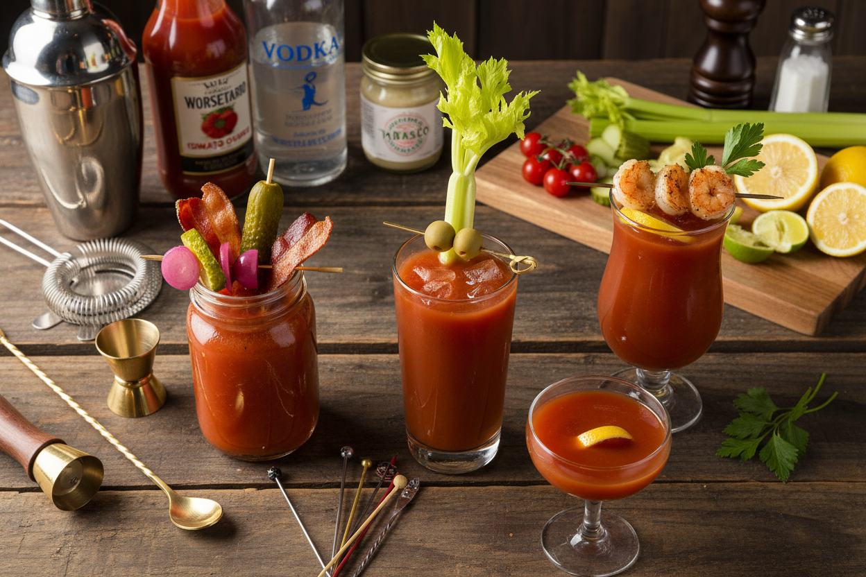 Bloody Mary unterschiedliche Gläser mit Garnitur und Bar Zubehör