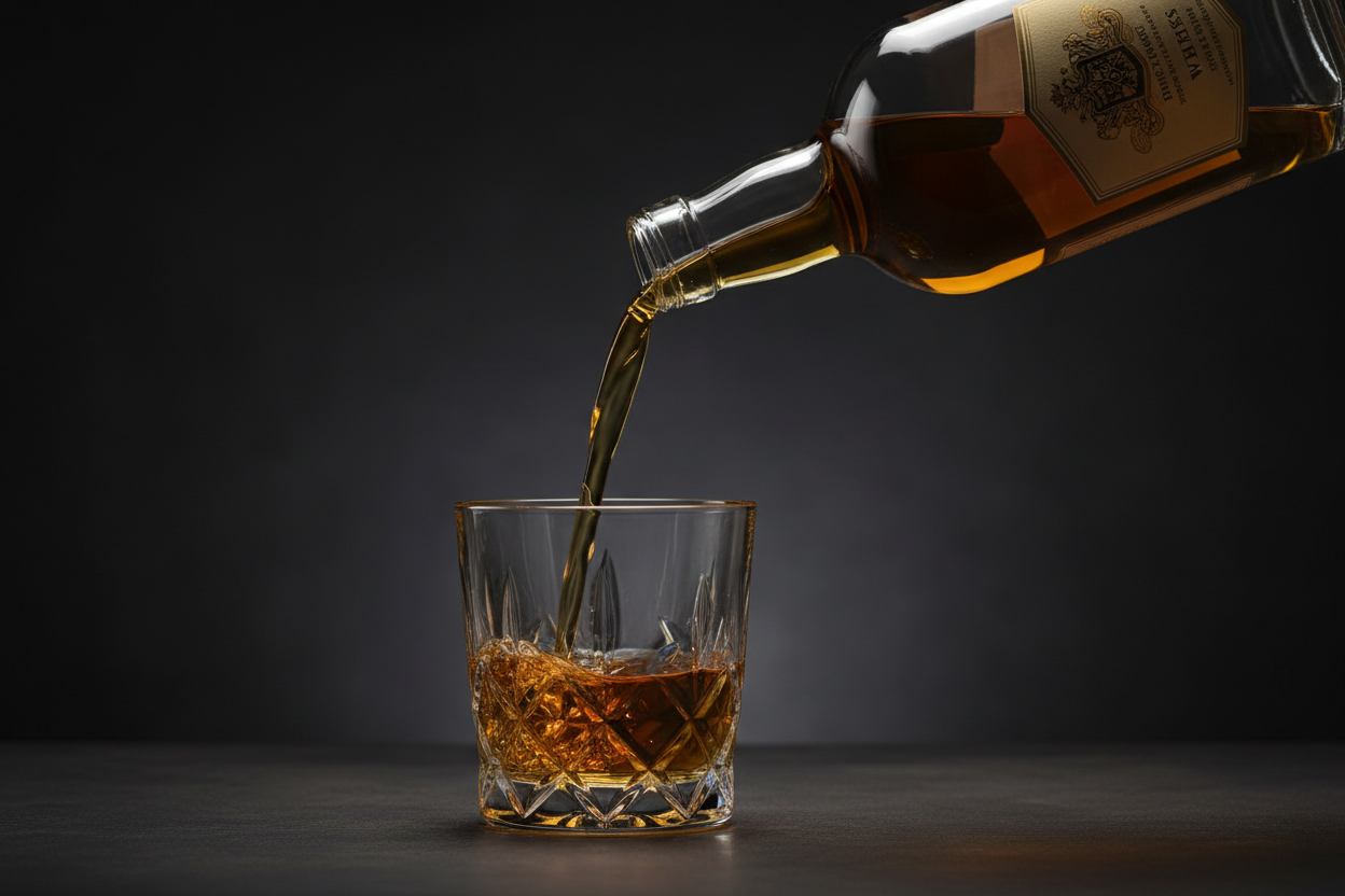 Whisky Flasche mit Glas in welches eingeschenkt wird