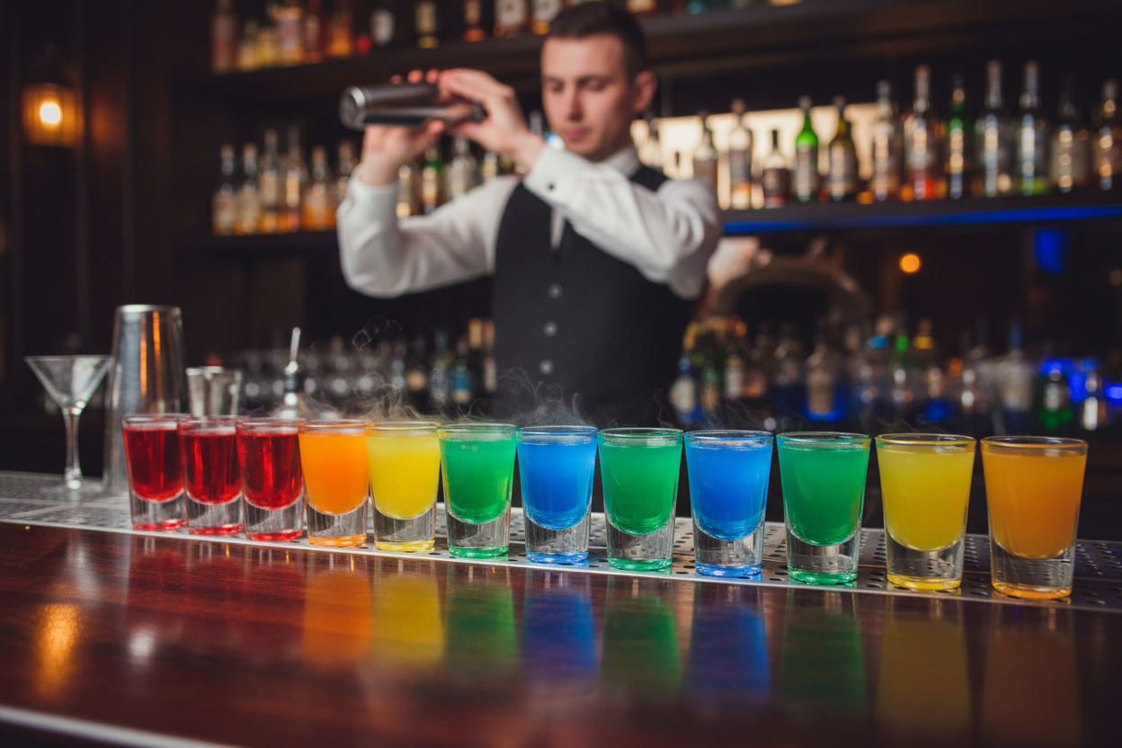 Bartender mit Shots in unterschiedlichen Farben an der Bar