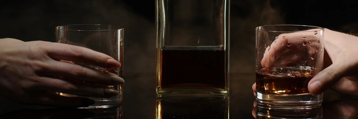 Zwei Händle mit zwei Gläsern und einer Flasche mit dunkler Flüssigkeit auf dunklem Hintergrund