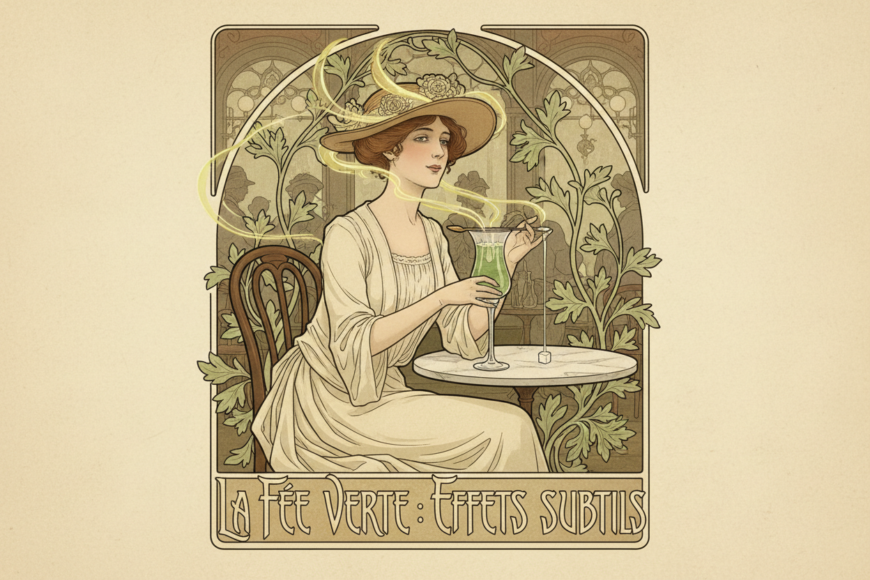 Frau mit Absinth als Getränk sitzend als Illustration