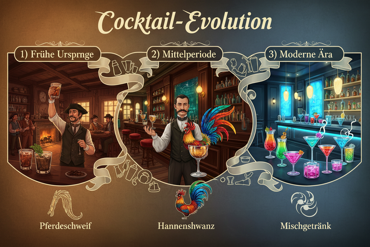 Bildliche Darstellung der Cocktail-Evolution – von klassischen Drinks bis zu modernen Kreationen