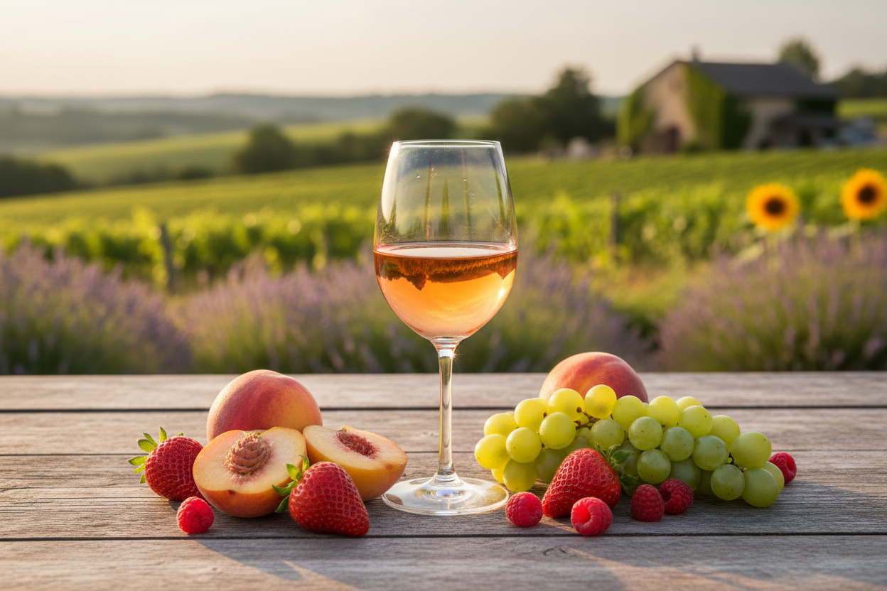 Bild zeigt Landschaft und Weißwein Glas mit Früchten