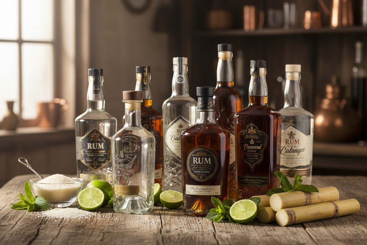 Brauner und Weißer Rum angerichtet auf Tisch mit Limetten