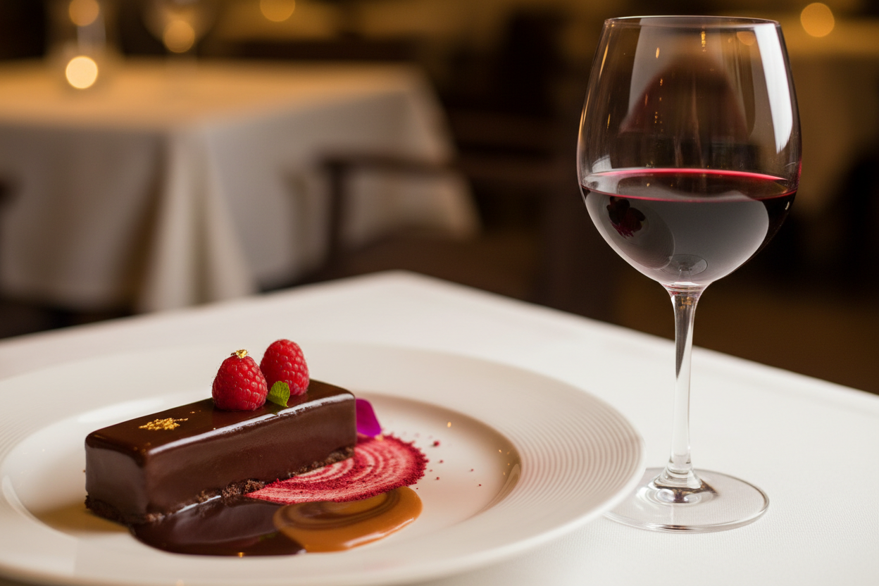 Wein und Dessert schön angerichtet auf weißem Tischtuch