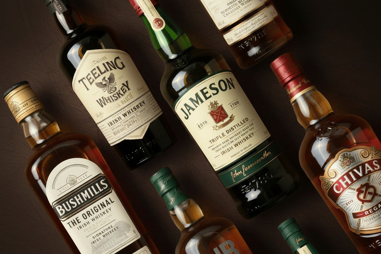 Fünf Whiskyflaschen auf warmem, beigem Hintergrund.