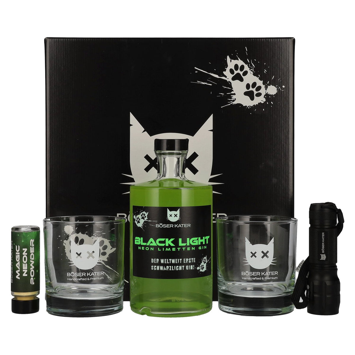 Böser Kater Black Light Neon Limoen Gin 40% vol. 0,5 l in geschenkverpakking met UV-zaklamp en glazen
