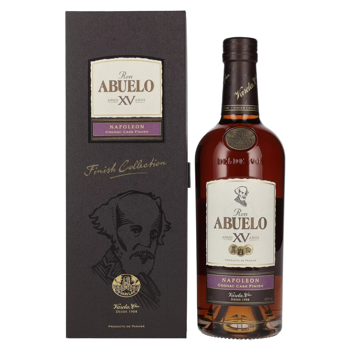 Ron Abuelo Añejo XV Años NAPOLEON, finition en fût de cognac, 40 % vol., 0,7 l, dans un coffret cadeau