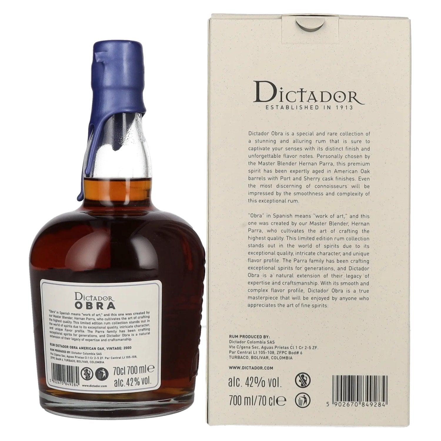 Dictador OBRA VINTAGE 23 Years Old AMERICAN OAK CASK Rum 2000 42% Vol. 0,7l en boîte cadeau