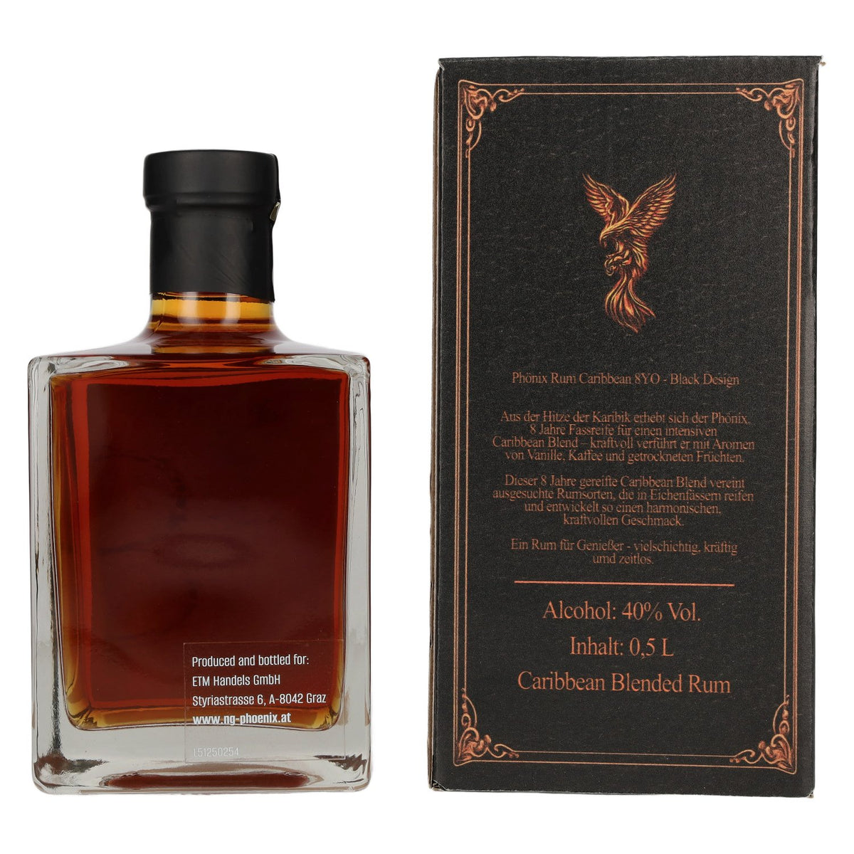 Phönix 8 Years Old Blended Caribbean Rum Black Design 40% vol. 0,5 l in geschenkverpakking