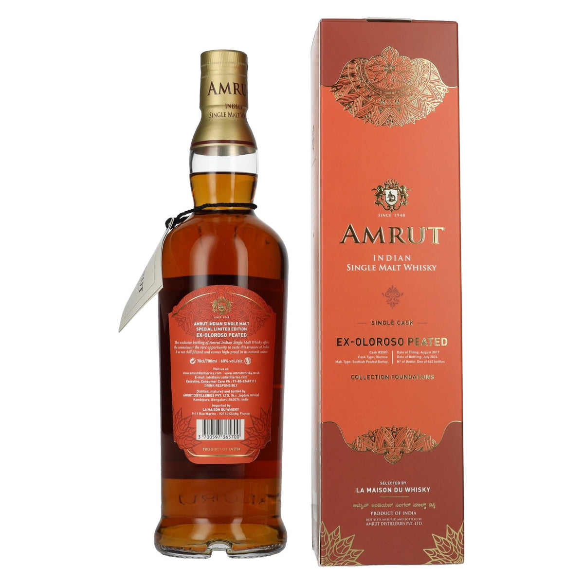 Amrut Ex-Oloroso Peated Indian Single Malt Whisky Collection Foundations 60 % vol., 0,7 l, dans un coffret cadeau