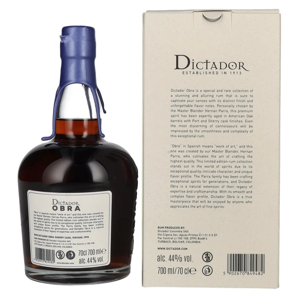Rhum Dictador OBRA VINTAGE 25 ans d'âge SHERRY CASK 1998, 44 % vol., 0,7 l, dans un coffret cadeau