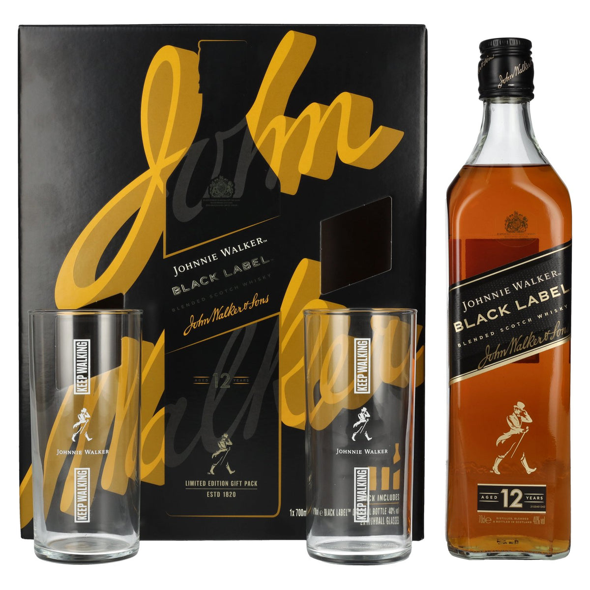 Johnnie Walker BLACK LABEL 12 Years Old Blended Scotch Whisky 40% ABV, 0.7 litres, in a gift box with 2 highball glasses
