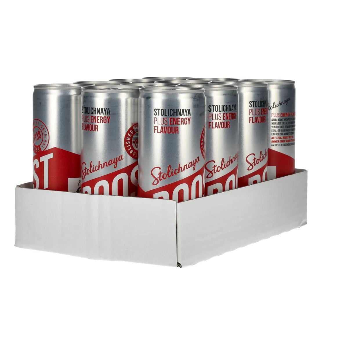 Stolichnaya Boost Plus ENERGY, saveur, 5 % vol., 12 canettes de 0,25 l, consigne