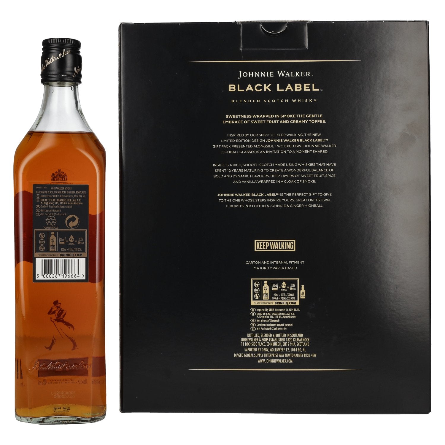 Johnnie Walker BLACK LABEL 12 Years Old Blended Scotch Whisky 40% Vol. 0,7l in gift box with 2 highball glasses