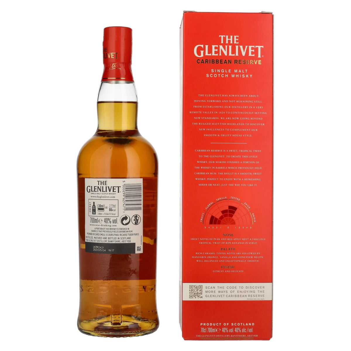 Whisky single malt écossais The Glenlivet Caribbean Reserve, 40 % vol., 0,7 l, dans un coffret cadeau