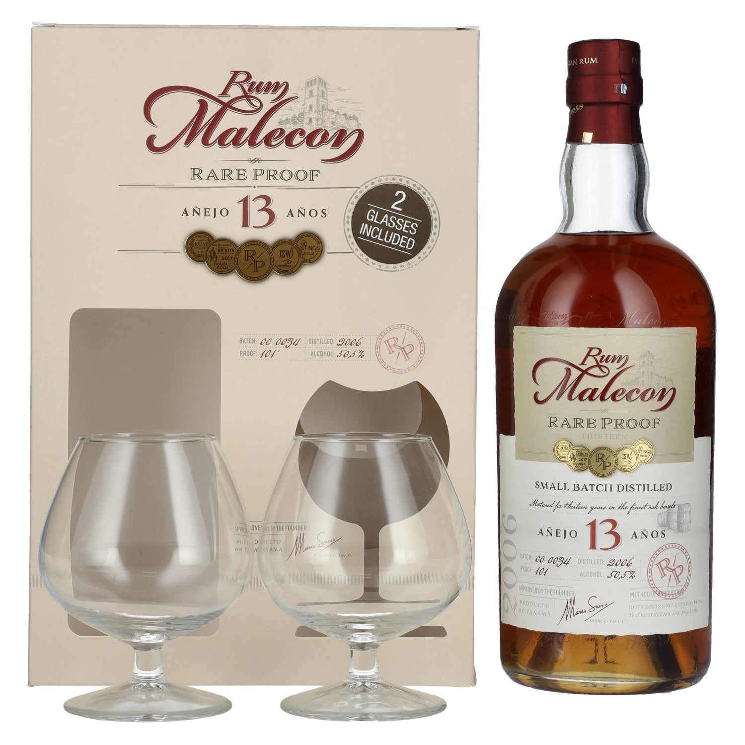 Rum Malecon Añejo 13 Años RARE PROOF 2006 50,5% vol. 0,7 l in geschenkverpakking met 2 glazen