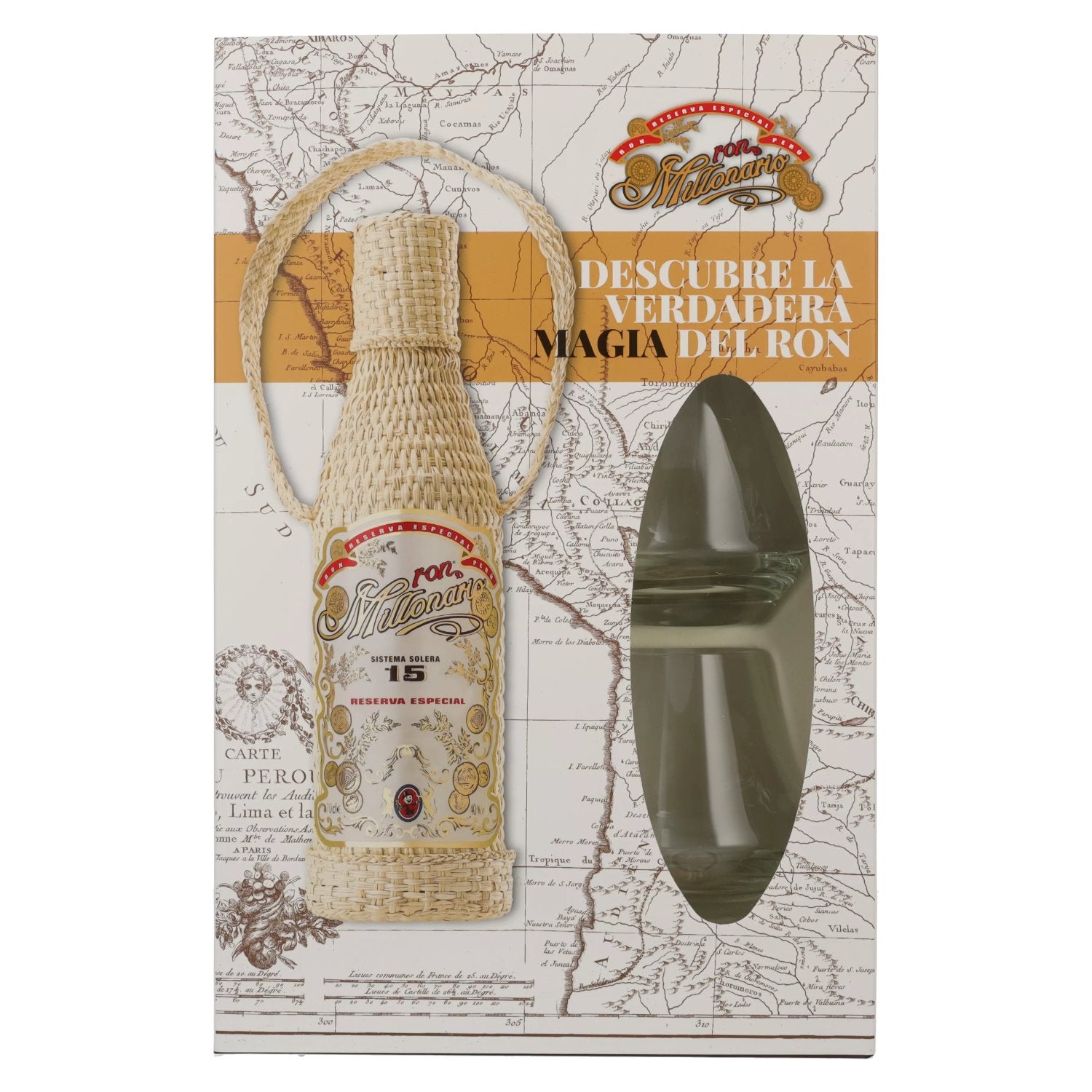 Ron Millonario 15 Solera Reserva Especial 40% Vol. 0,7l in geschenkverpakking met 2 glazen