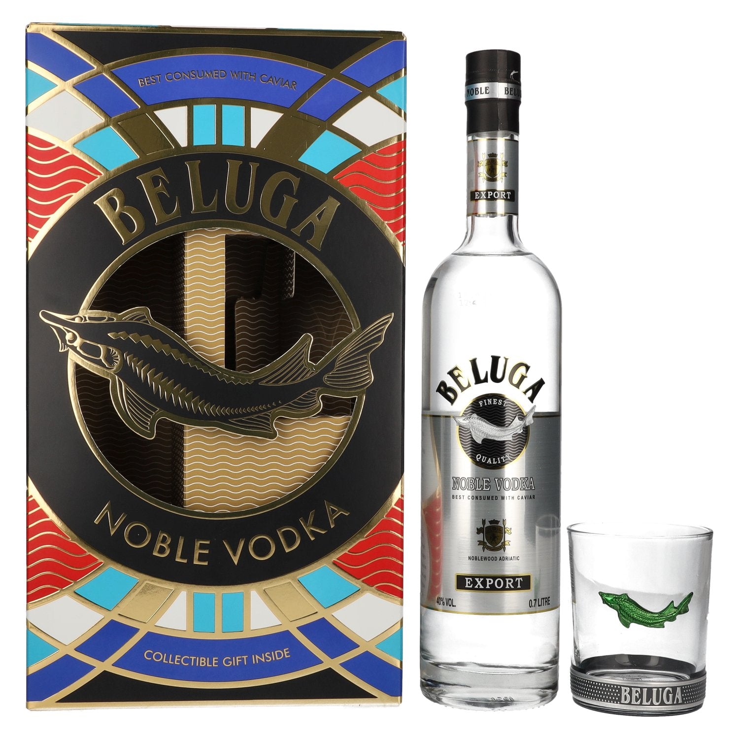 Beluga Noble Vodka EXPORT Montenegro 40% vol. 0,7l en boîte cadeau avec verre