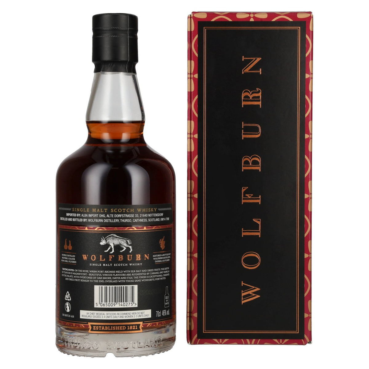 Wolfburn 10 ans d'âge n° 416, édition en petite série, whisky single malt écossais, 46 % vol., 0,7 l, dans un coffret cadeau
