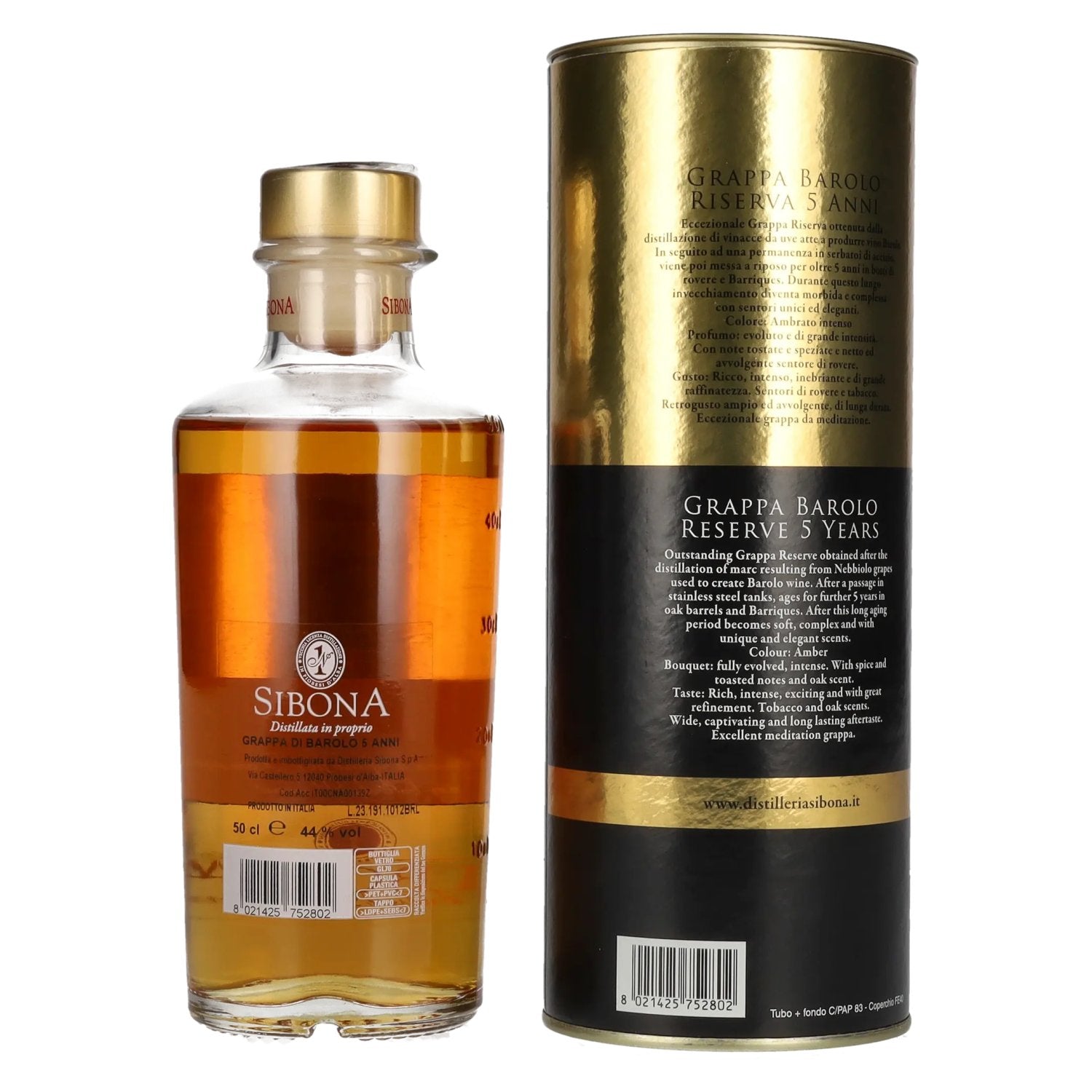 Sibona 5 Anni Invecchiata Grappa di BAROLO 44% Vol. 0,5l in geschenkverpakking