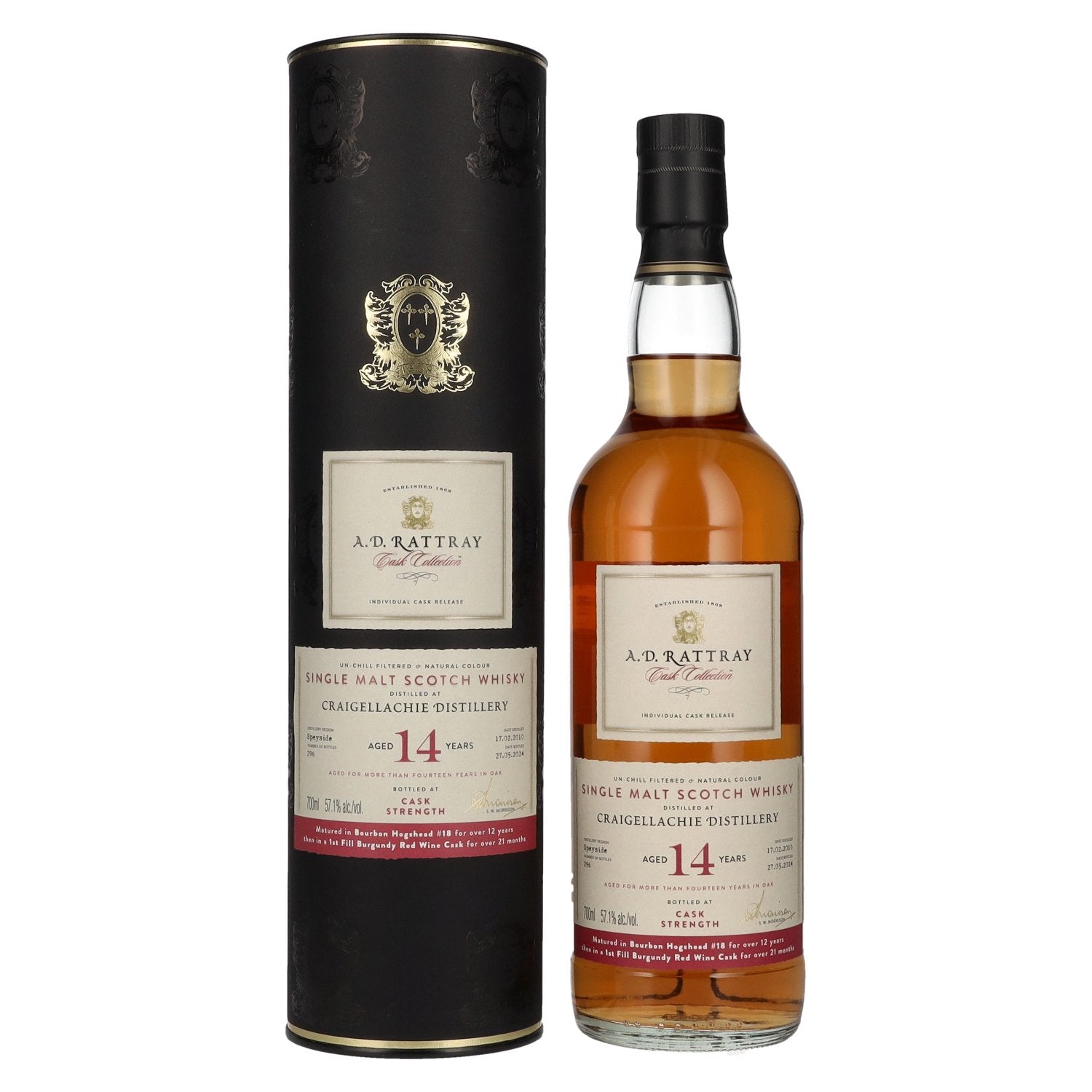 A.D. Rattray 14 Years Old Craigellachie Bourgogne Wine Finish Whisky 2010 57,1% Vol. 0,7l in geschenkverpakking