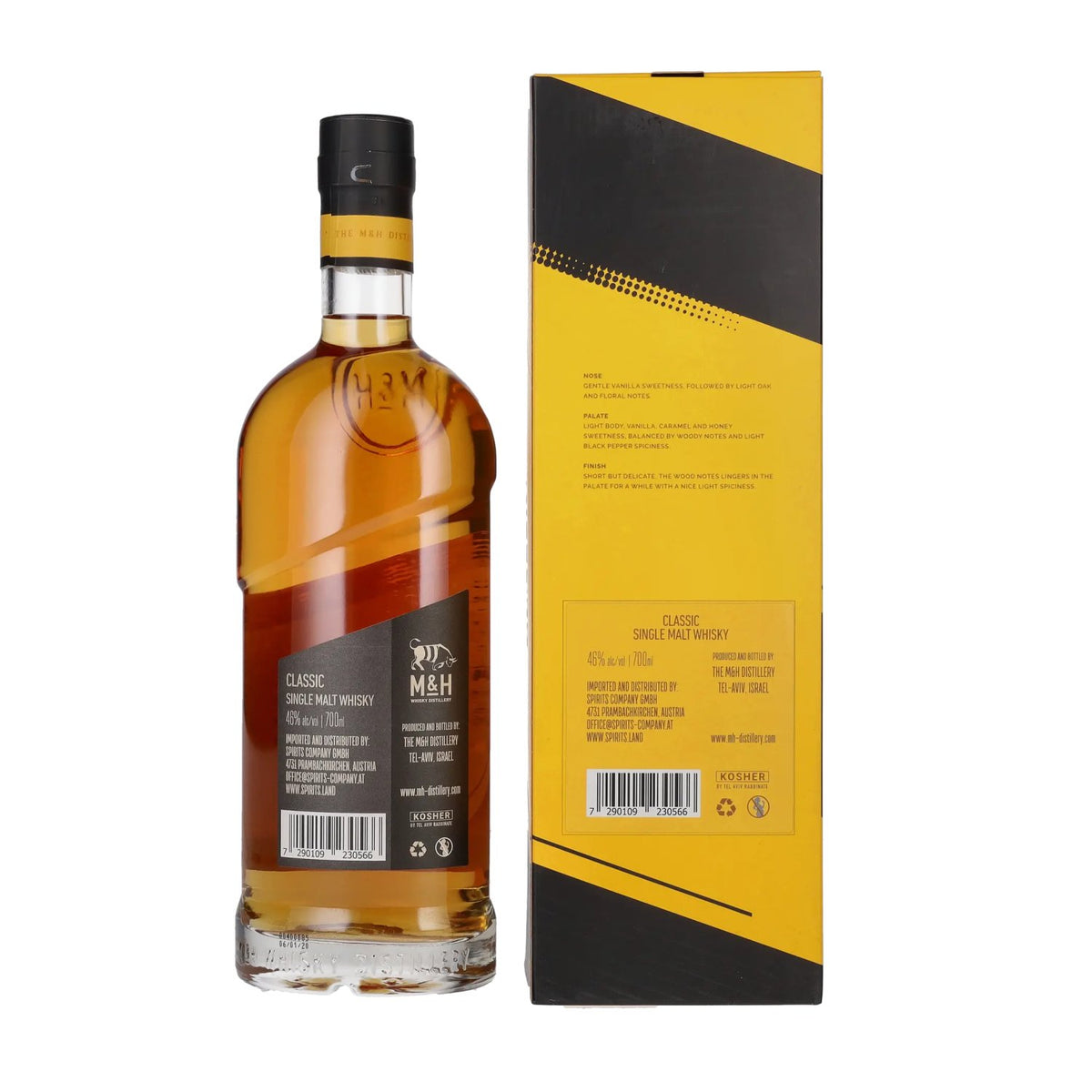 Whisky single malt M&amp;H Classic, 46 % vol., 0,7 l, dans un coffret cadeau