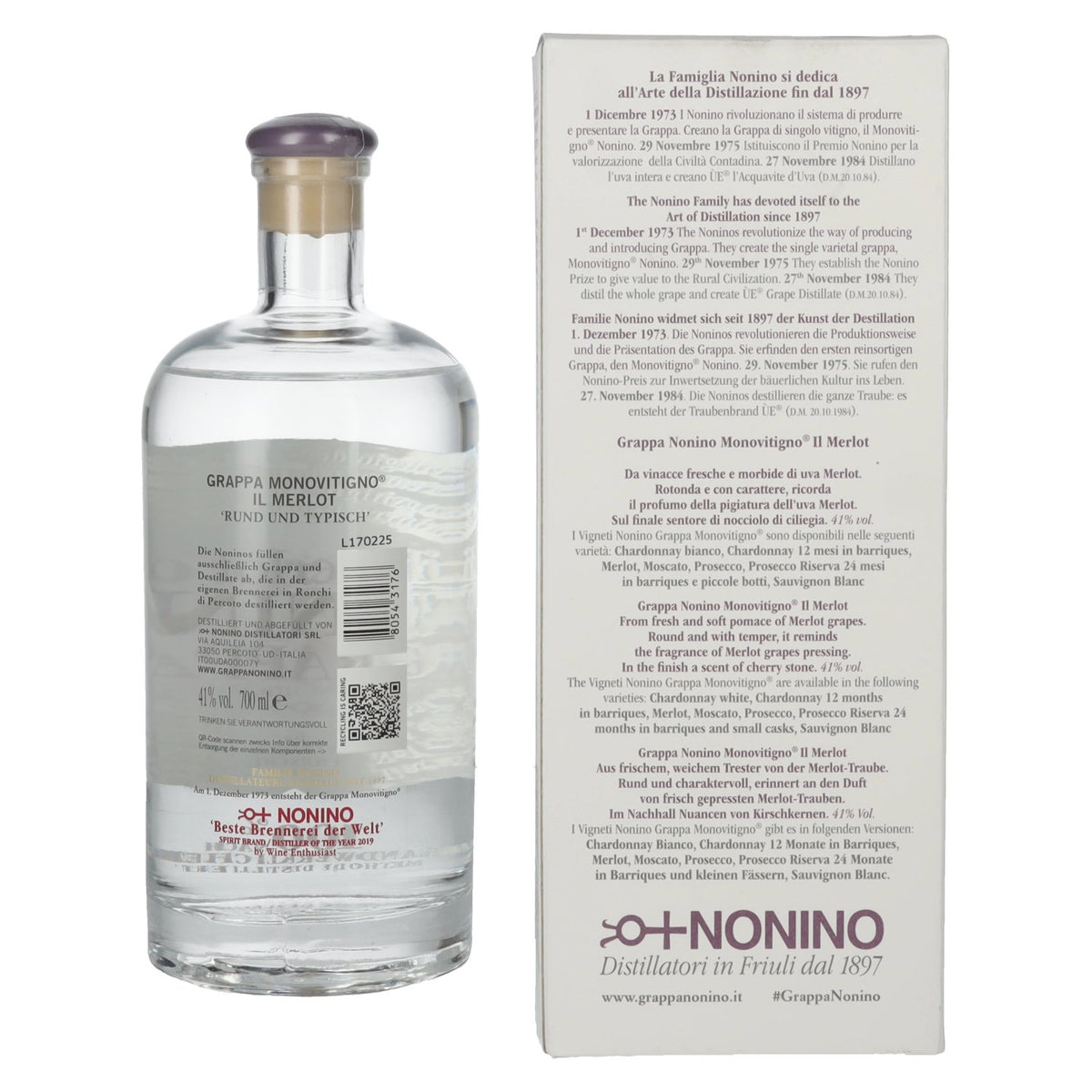 Grappa Nonino Monovitigno il Merlot 41 % vol., 0,7 l, dans un coffret cadeau