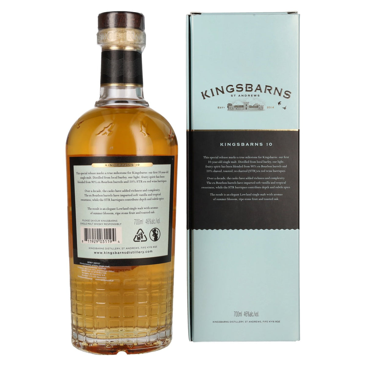 Kingsbarns 10 Years Old Lowland Single Malt Scotch Whisky Limited Release 46% Vol. 0,7l in geschenkverpakking