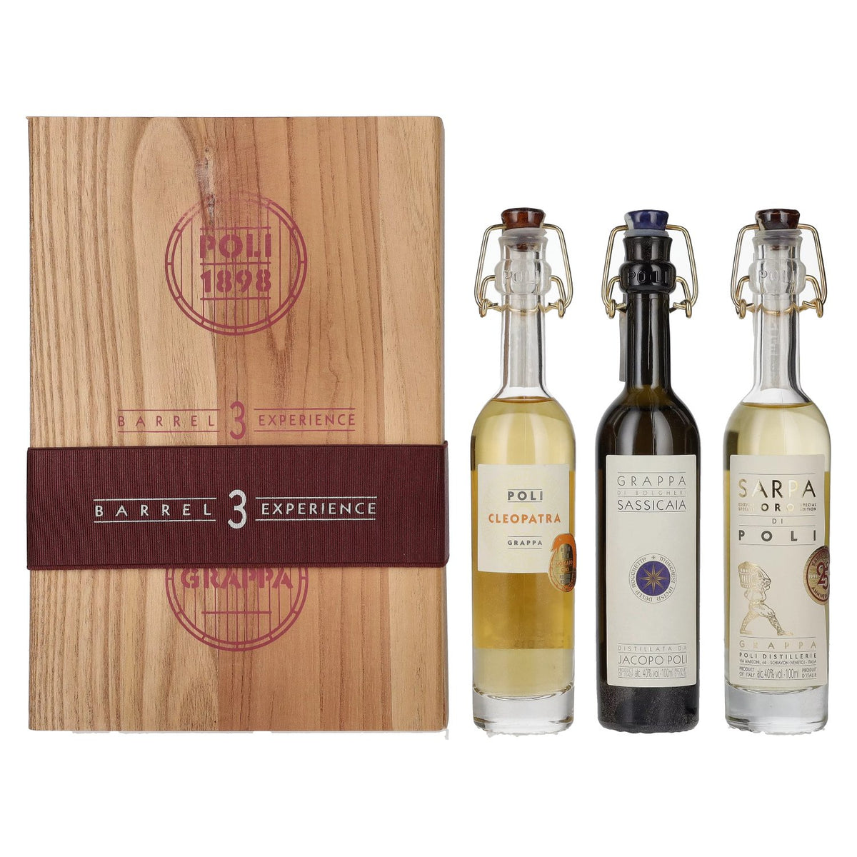 Poli Grappa Baby Pack ORO 40% vol. 3 x 0.1 l in a wooden box
