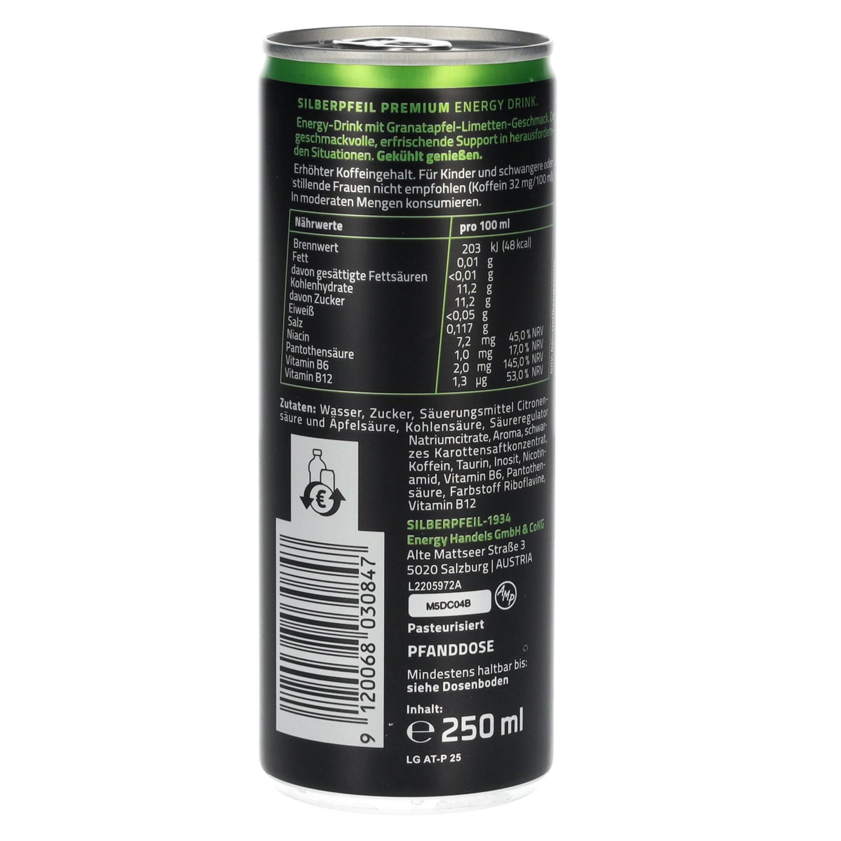 SILBERPFEIL Energy Drink LIME GRENADE Édition Capo, canette de 0,25 l, consigne