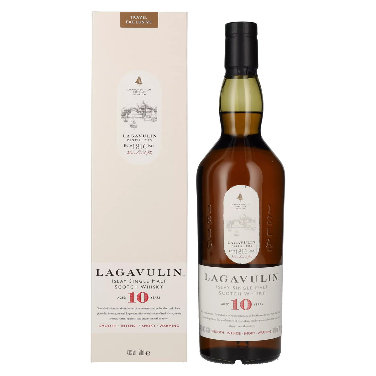 Lagavulin 10-Year-Old Single Malt Whisky, 43% ABV, 0.7 litres, in a gift box