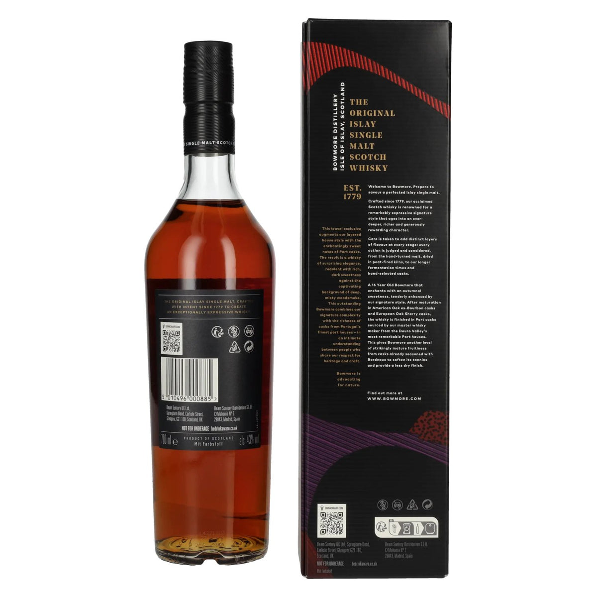 Bowmore 16 Years Old Ruby Port Cask Finish Islay Single Malt 43% Vol. 0,7l en boîte cadeau