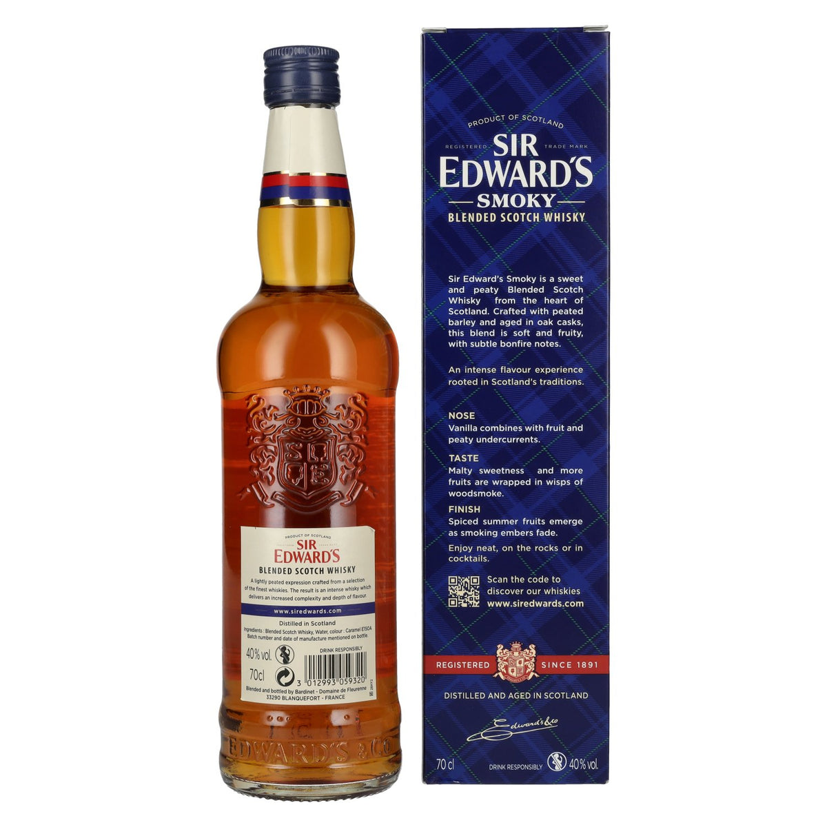 Sir Edward's Scotch Whisky assemblé SMOKY, 40 % vol., 0,7 l, dans un coffret cadeau