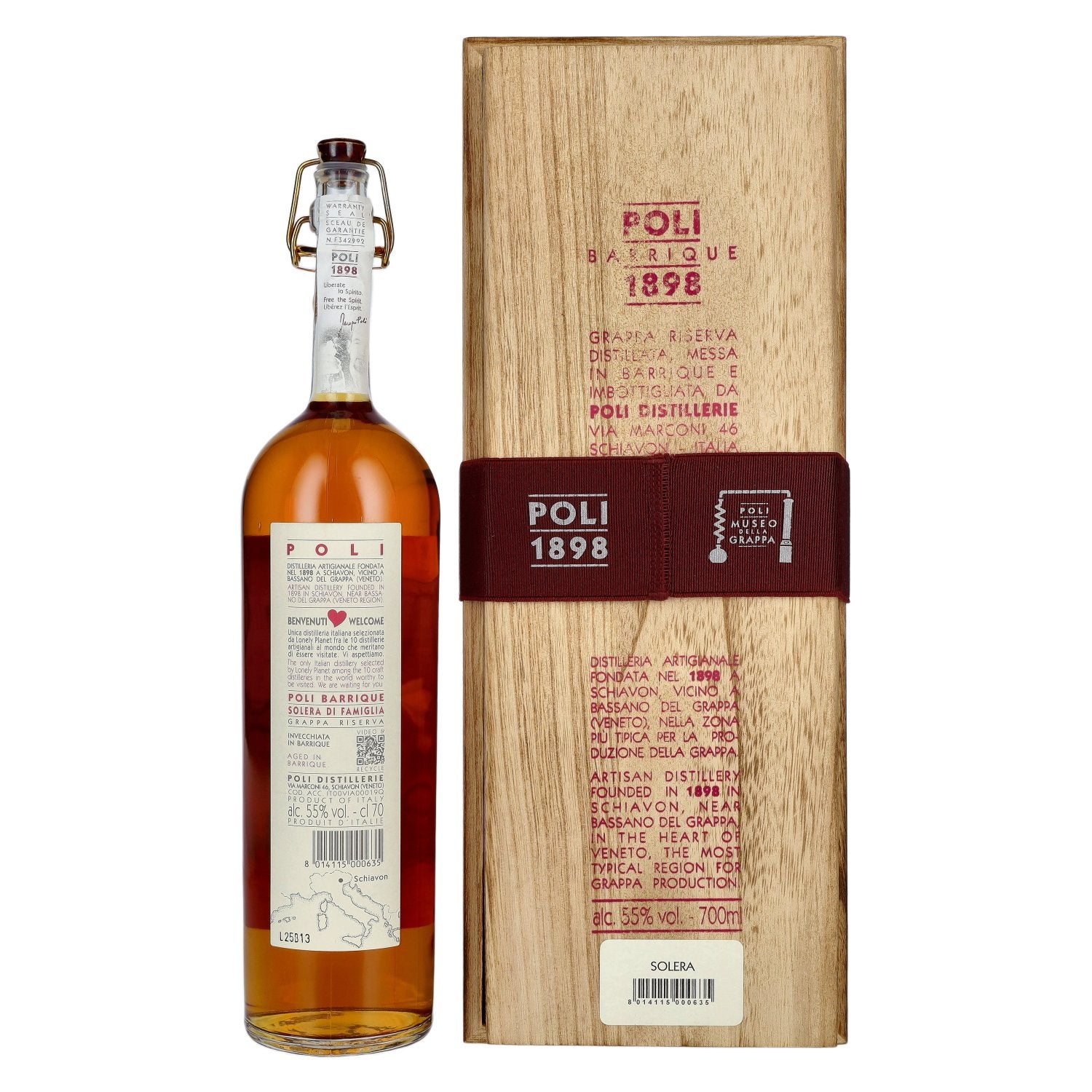 Poli Grappa Barrique 1898 Solera di Famiglia 55% Vol. 0,7l in Holzkiste