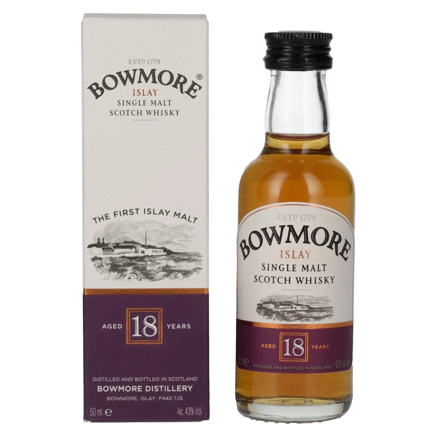 Bowmore 18 Years Old Islay Single Malt 43% Vol. 0,05l en boîte cadeau