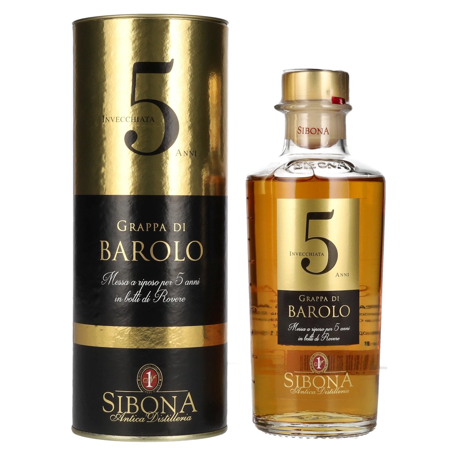 Sibona 5 Anni Invecchiata Grappa di BAROLO 44% vol. 0,5 l in geschenkverpakking