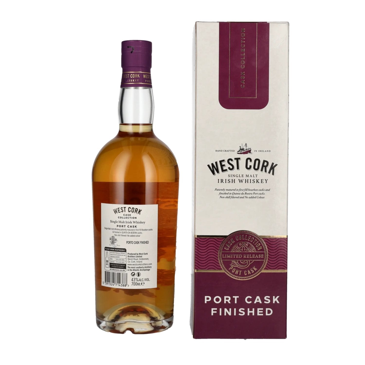 West Cork Irish Whiskey Single Malt PORT CASK FINISHED 43% Vol. 0,7l in geschenkverpakking