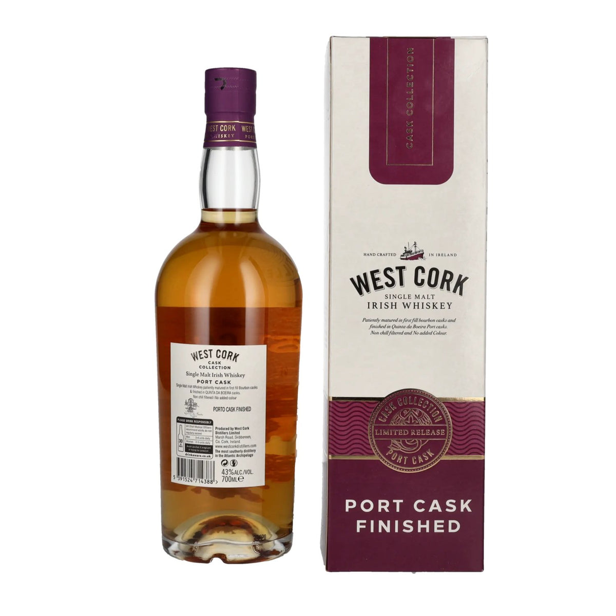 West Cork Irish Whiskey single malt PORT CASK FINISHED 43 % vol., 0,7 l, dans un coffret cadeau