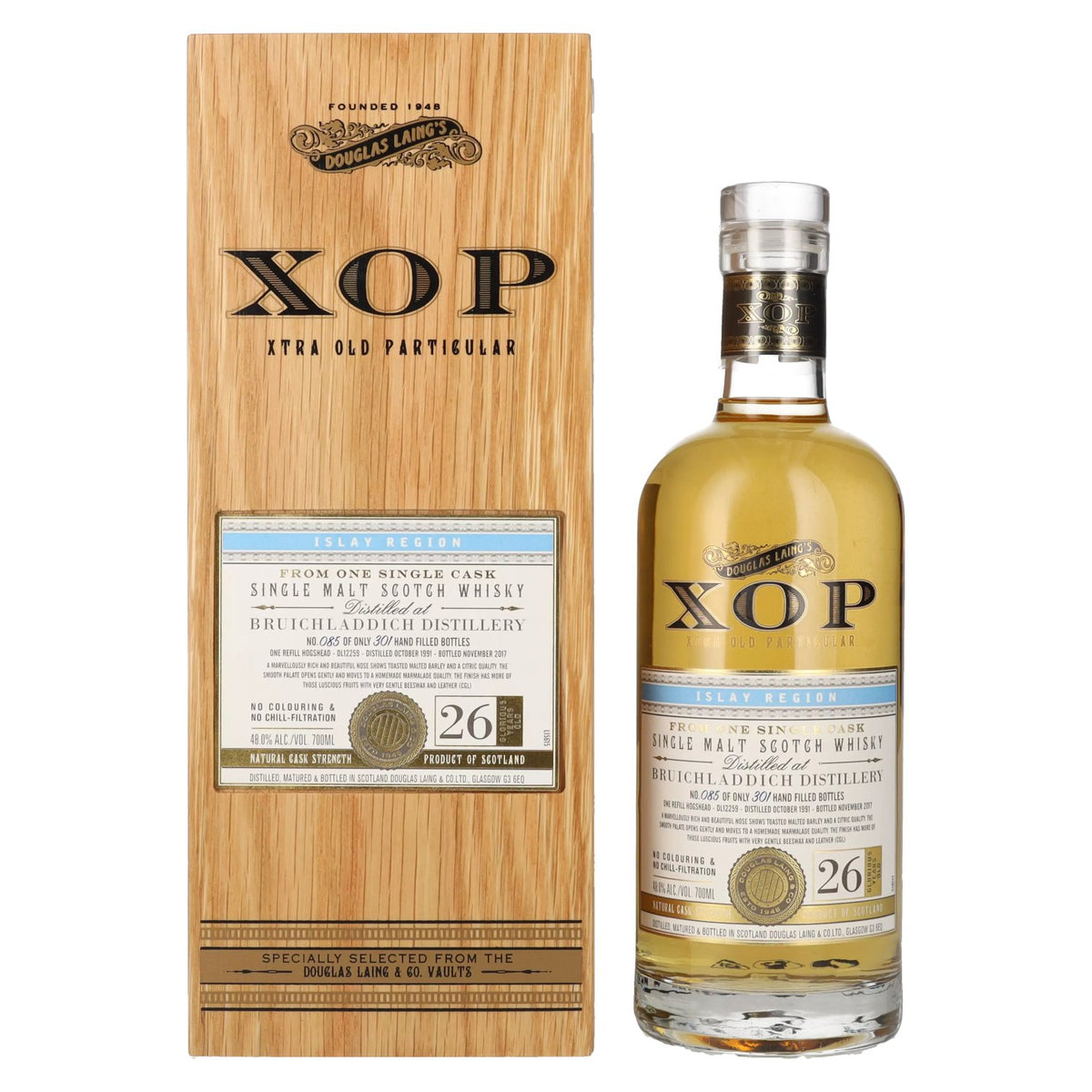 Douglas Laing XOP Bruichladdich 26 ans d'âge, single cask malt 1991, 48 % vol., 0,7 l, dans un coffret en bois