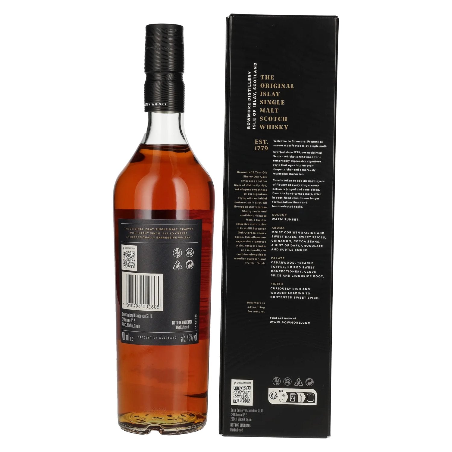 Bowmore 15 Years Old Sherry Oak Cask Islay Single Malt 43% Vol. 0,7l en boîte cadeau