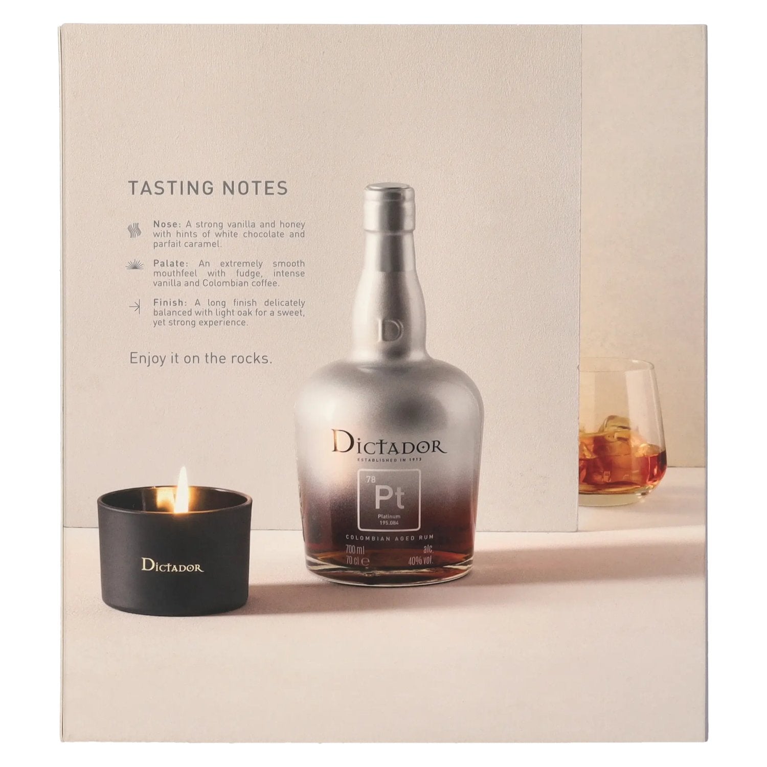 Dictador PLATINUM Colombian Aged Rum 40% Vol. 0,7l in geschenkverpakking met kaars