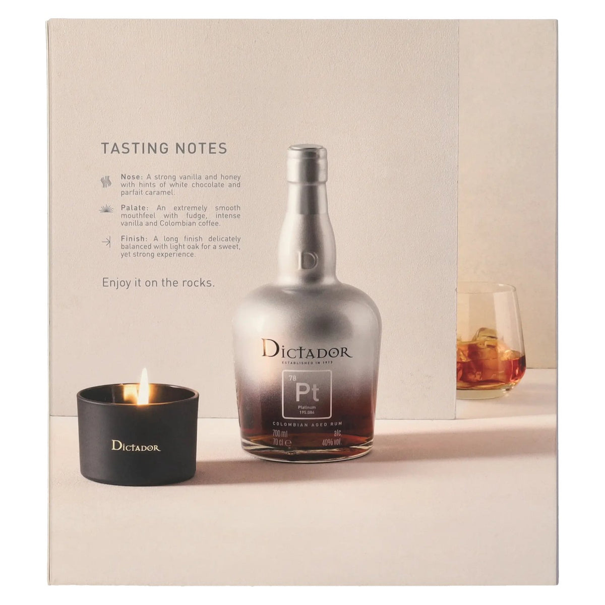Rhum colombien vieilli Dictador PLATINUM, 40 % vol., 0,7 l, dans un coffret cadeau avec une bougie