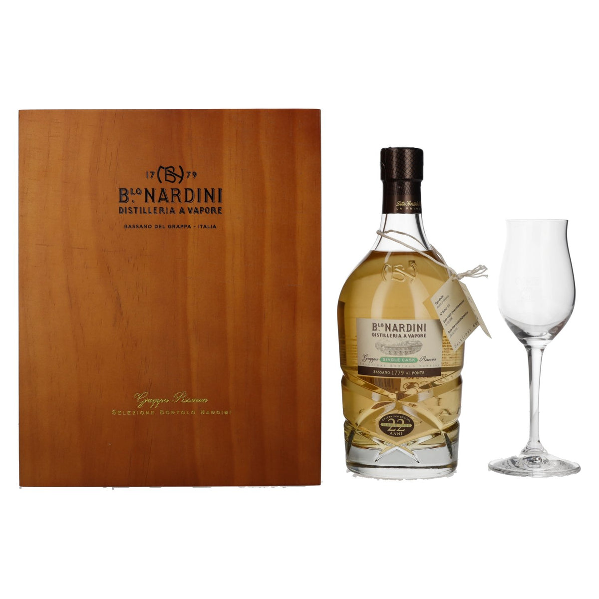 Nardini Grappa Riserva 22 ANNI Single Cask 45% vol. 0,7 l in houten kist met glas