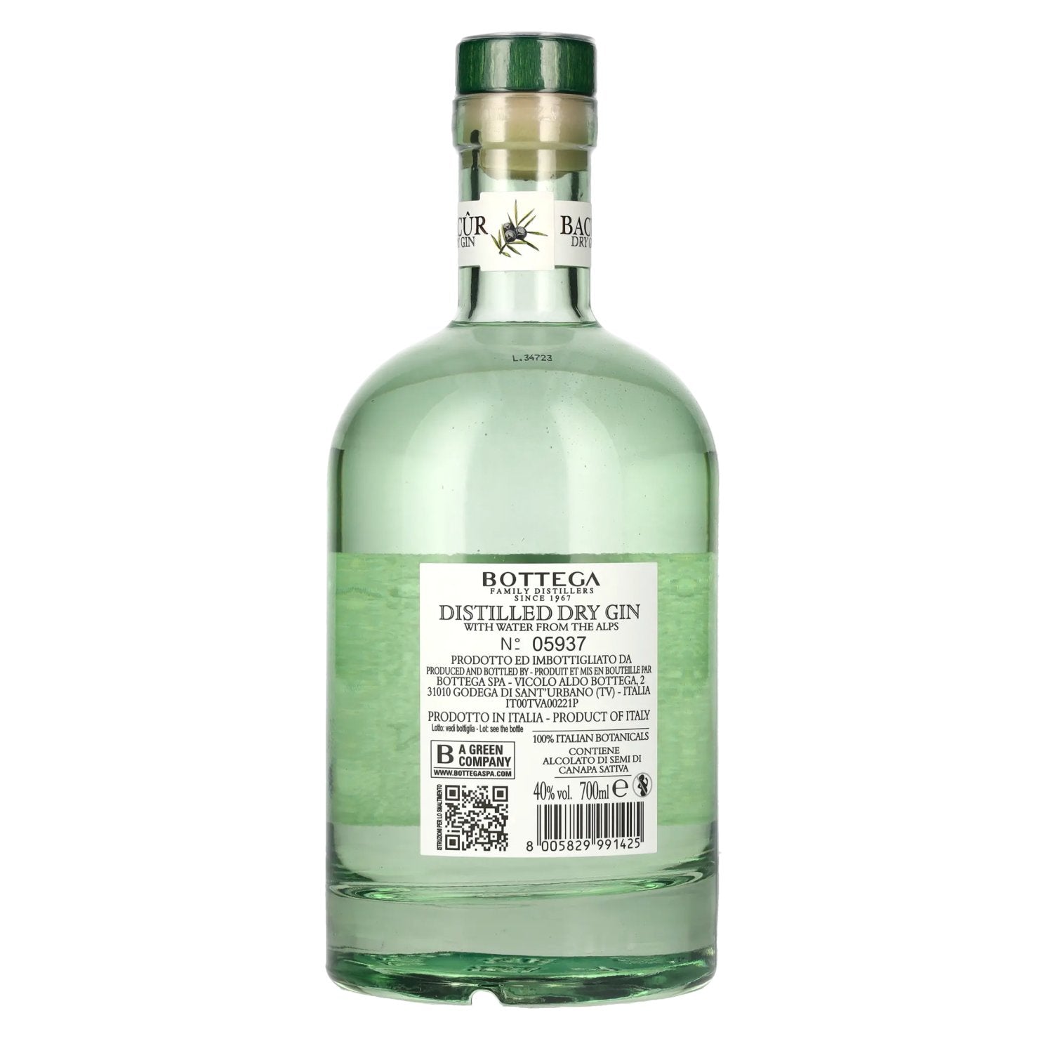 Bottega BACÛR De Wilde Groene Gedistilleerde Droge Gin 40% Vol. 0,7l