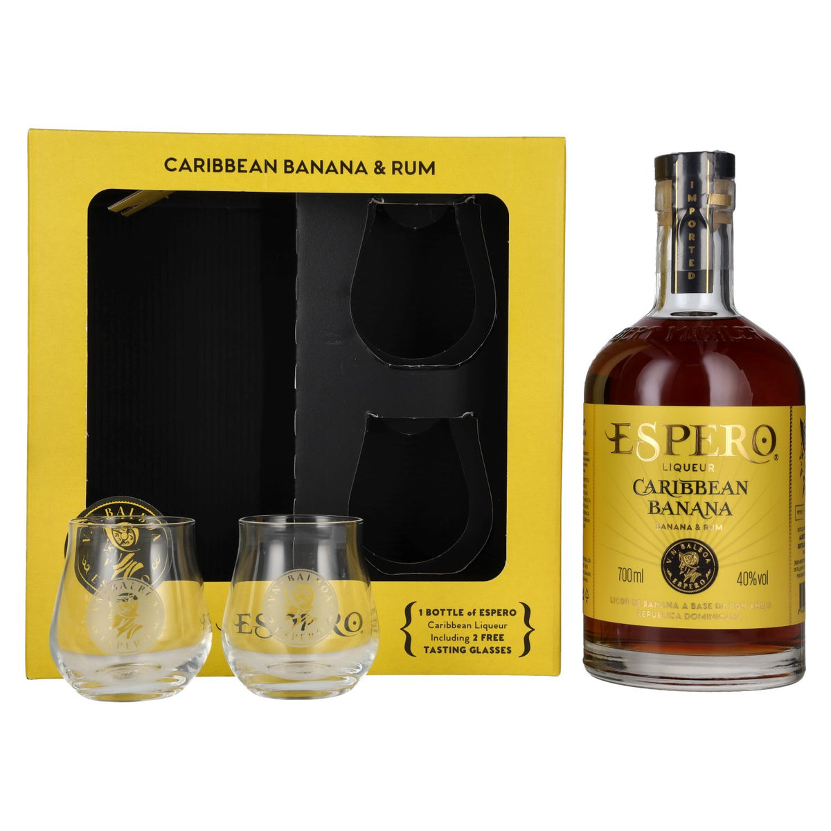 Ron Espero Caribbean Banana & Rum Liqueur 40% Vol. 0,7l in Geschenkbox mit 2 Gläser