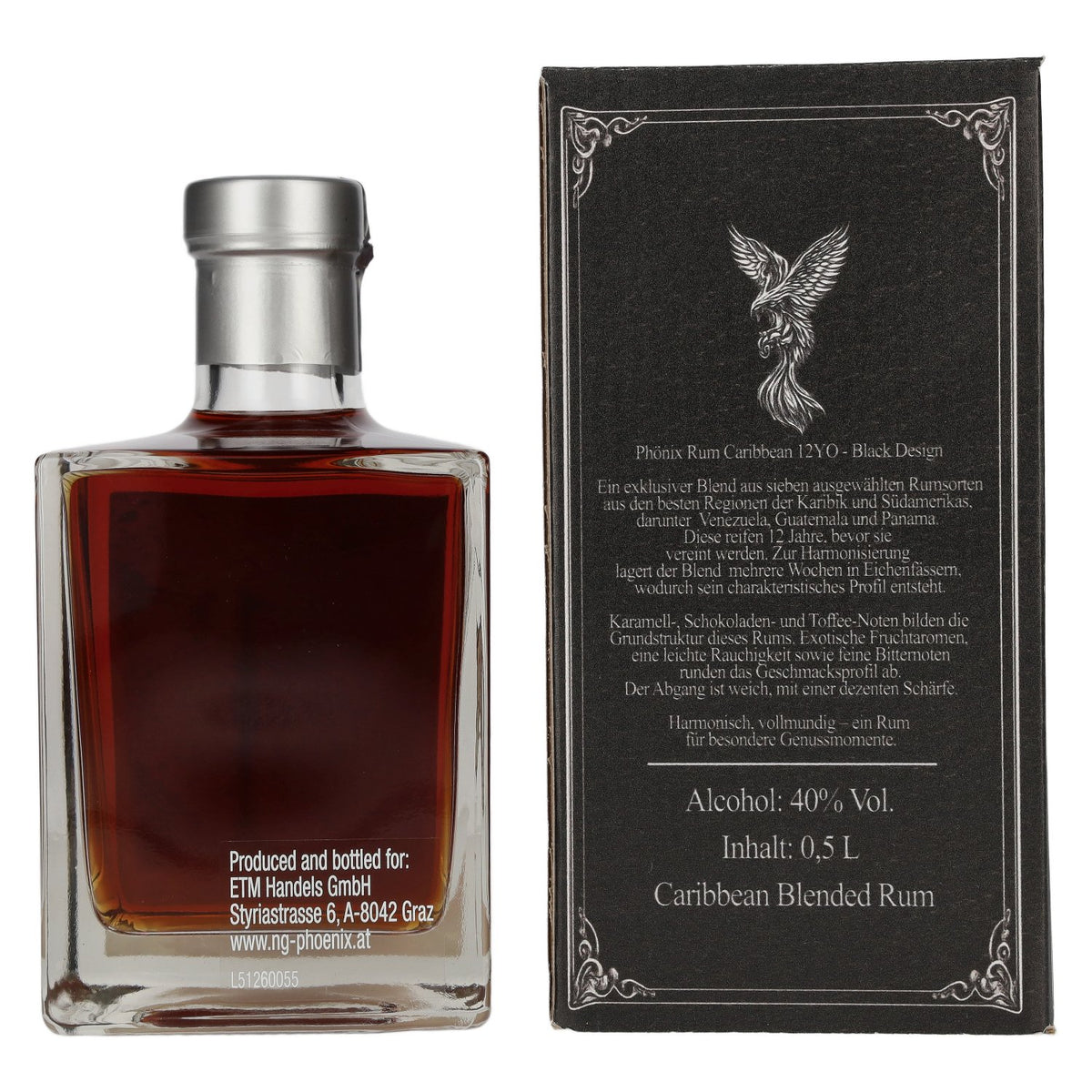 Phönix 12 Years Old Blended Caribbean Rum Black Design 40% vol. 0.5 l in a gift box