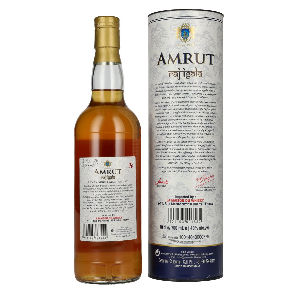 Amrut RAJ IGALA Indiase Single Malt Whisky 40% Vol. 0,7l in geschenkverpakking