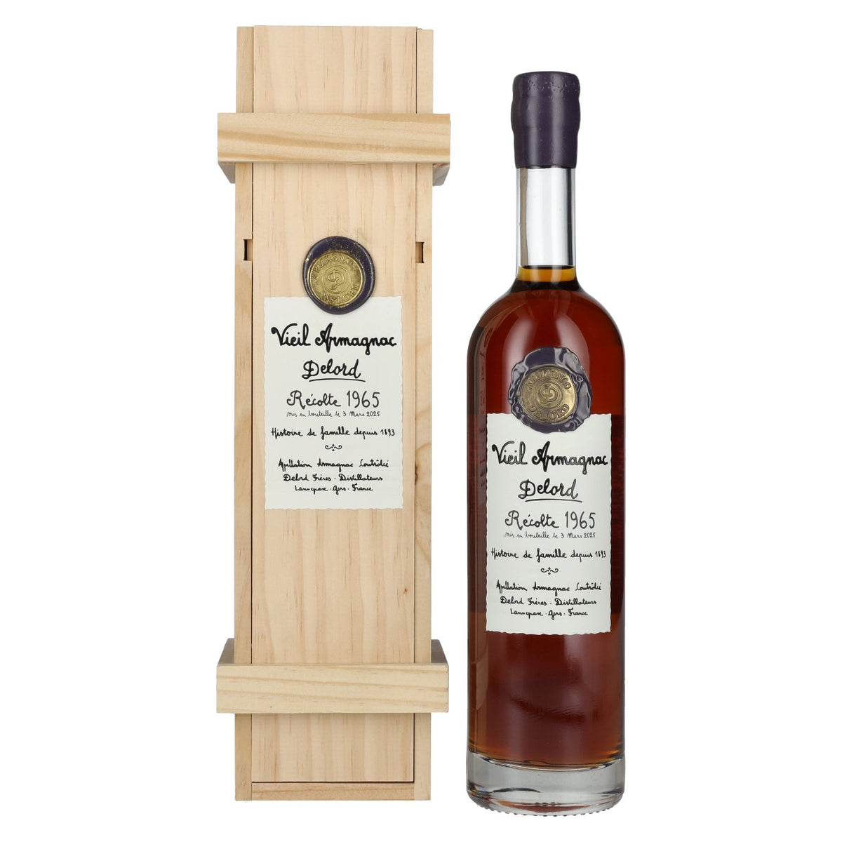 Armagnac Delord Vintage, 1965 vintage, 40% ABV, 0.7 litres, in a wooden box