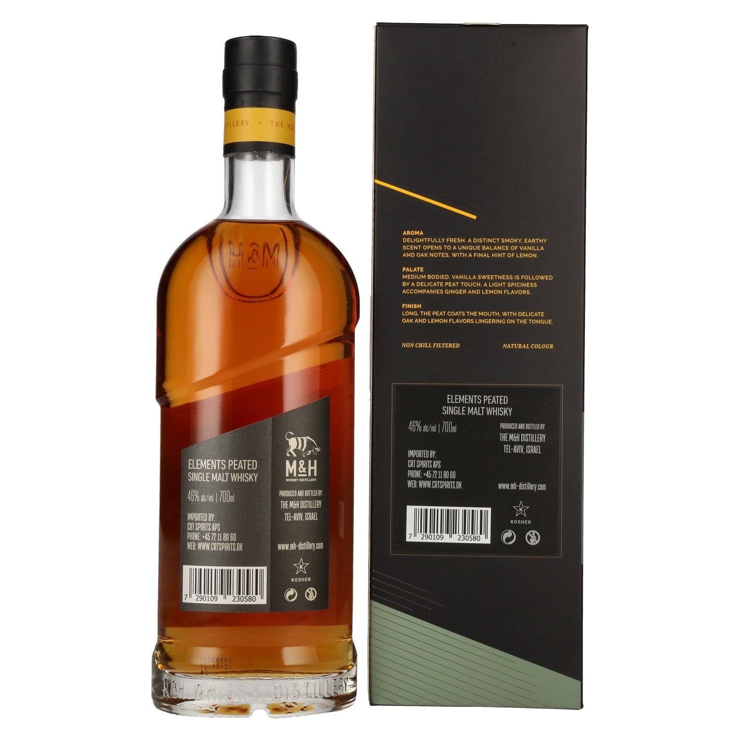 M&amp;H ELEMENTS Peated Single Malts Whisky 46% vol. 0,7l en boîte cadeau